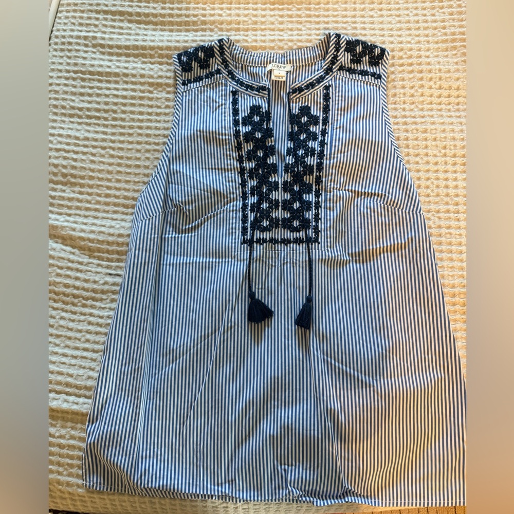 EUC JCrew Factory striped top with tassels and embroidery